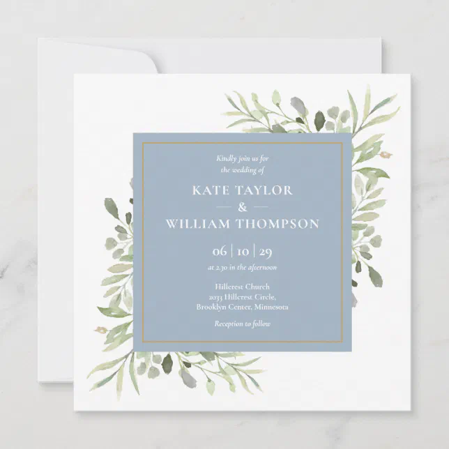 Elegant Dusty Blue Watercolor Greenery Wedding Invitation | Zazzle