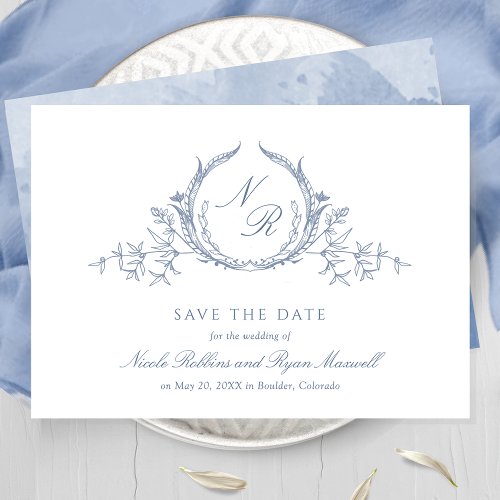 Elegant Dusty Blue Watercolor Monogram Calligraphy Save The Date