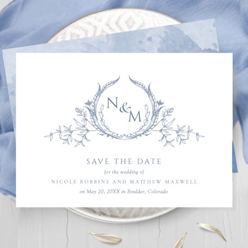 Elegant Dusty Blue Watercolor Monogram Save The Date