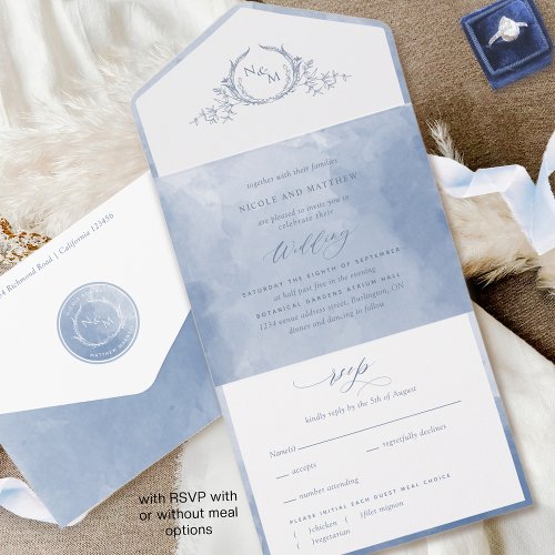 Elegant Dusty Blue Watercolor Monogram Wedding All All In One Invitation