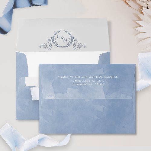 Elegant Dusty Blue Watercolor Monogram Wedding Envelope