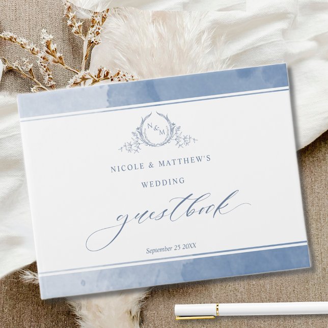 Elegant Dusty Blue Watercolor Monogram Wedding Guest Book (Creator Uploaded)
