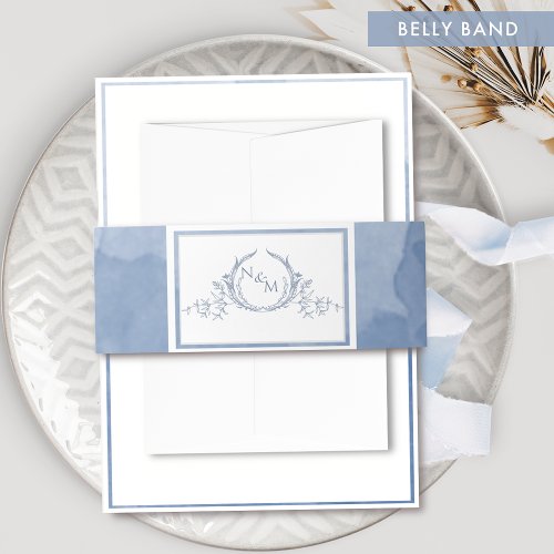 Elegant Dusty Blue Watercolor Monogram Wedding Invitation Belly Band