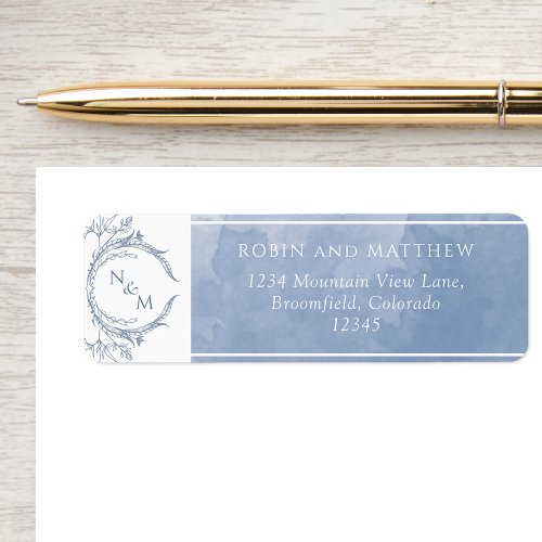 Elegant Dusty Blue Watercolor Monogram Wedding  L Label