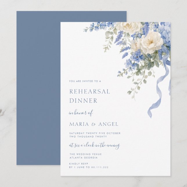 elegant dusty blue watercolor rehearsal dinner invitation (Front/Back)