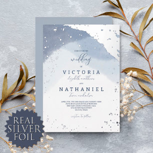 Elegant Dusty Blue Watercolor Wedding Silver Foil Invitation