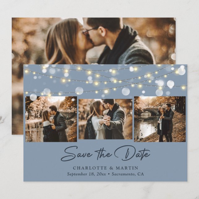 Elegant Dusty Blue Wedding 4 Photo Save The Date (Front/Back)