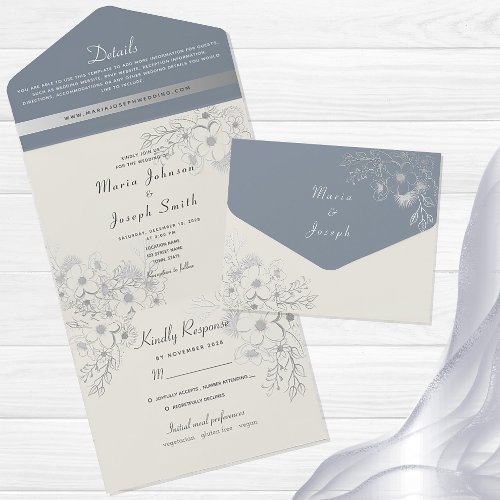 Elegant Dusty Blue Wedding All In One Invitation