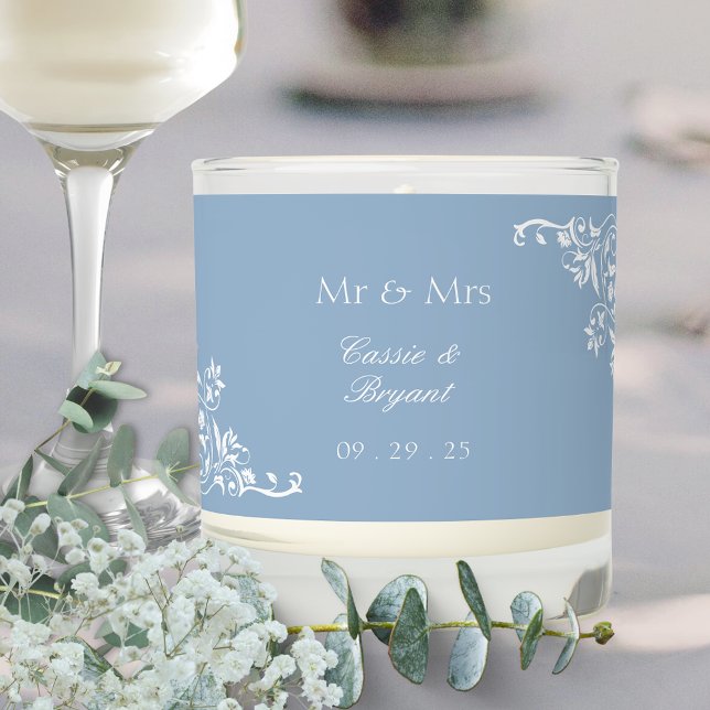 Elegant Dusty Blue Wedding Candle Gift (elegant dusty blue wedding candle with mr and mrs names of bride and groom wedding date with border)