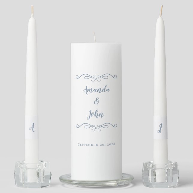 Elegant Dusty Blue Wedding Ceremony Bride Groom Unity Candle Set (Front)