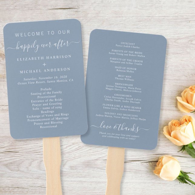 Elegant Dusty Blue Wedding Ceremony Program Hand Fan (Creator Uploaded)