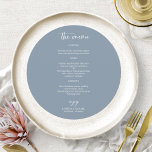 Elegant Dusty Blue Wedding Circle Menu Cards<br><div class="desc">A stylish calligraphy wedding menu card for the plate. Easy to personalize with your details. CUSTOMIZATION: If you need design customization,  please contact me through chat; if you need information about your order,  shipping options,  etc.,  please contact Zazzle support directly.</div>