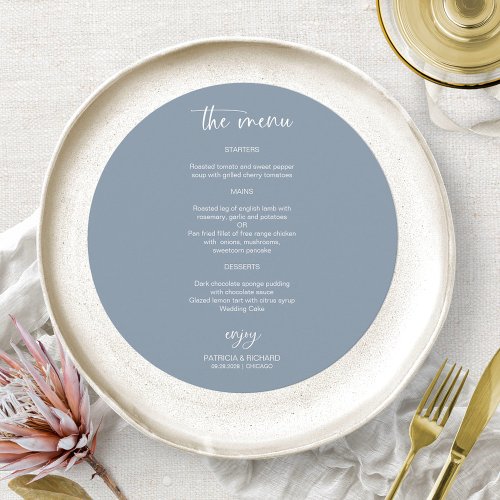 Elegant Dusty Blue Wedding Circle Menu Cards