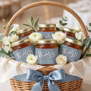 Elegant Dusty Blue Wedding Couples Initials Honey Jar Favors