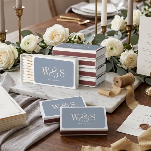 Elegant Dusty Blue wedding couples initials Matchboxes