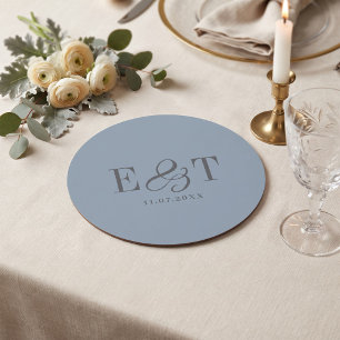 Elegant Dusty Blue Wedding Couples Initials Round Paper Coaster