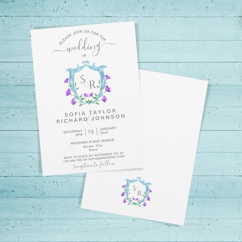 Elegant Dusty Blue Wedding Crest Monogram Floral Invitation