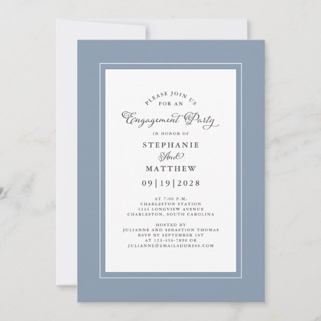 Elegant Dusty Blue Wedding Engagement Party Invitation (Front)