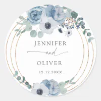 Dusty Blue Botanical Wedding Favor Classic Round Sticker, Zazzle