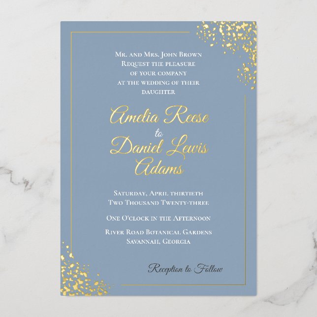 Elegant Dusty Blue Wedding Foil Invitation (Front)