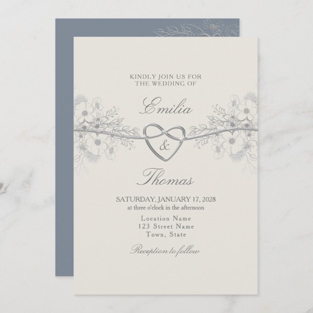 Elegant Dusty Blue Wedding Invitation (Front/Back)