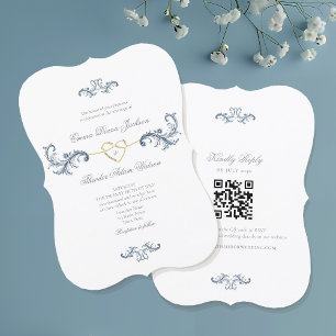 Elegant Dusty Blue Wedding Invitation with QR Code