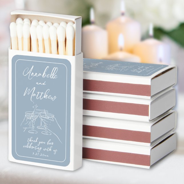 Elegant Dusty Blue Wedding Matchboxes (Whimsical Hand Lettered Illustrated Blue Wedding Matchboxes)