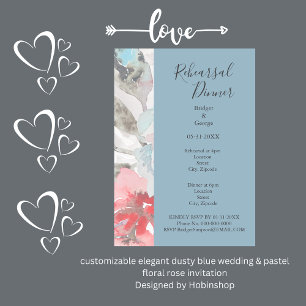 elegant dusty blue wedding & pastel floral rose invitation