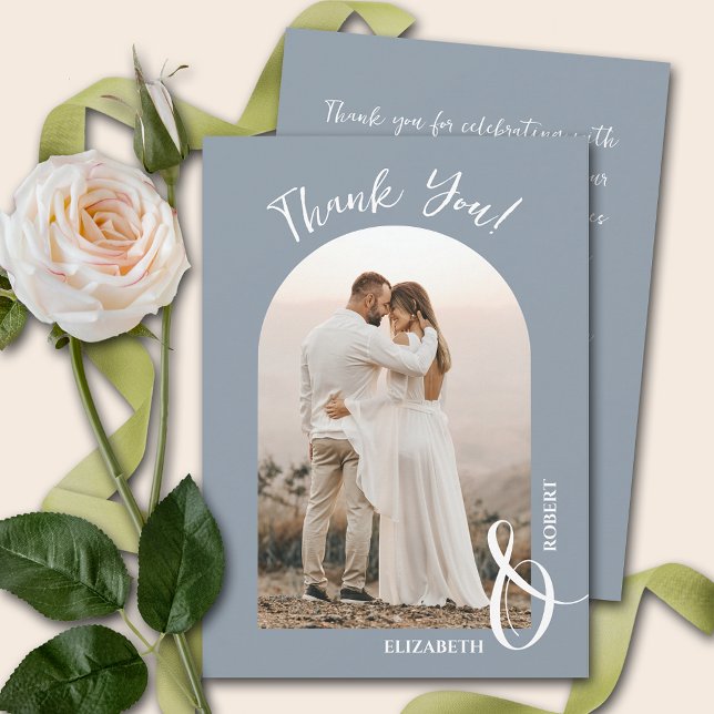 Elegant Dusty Blue Wedding Photo Thank You Card (Creator Uploaded)