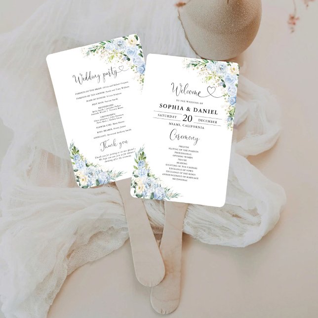Elegant Dusty Blue Wedding Program  Hand Fan (Creator Uploaded)