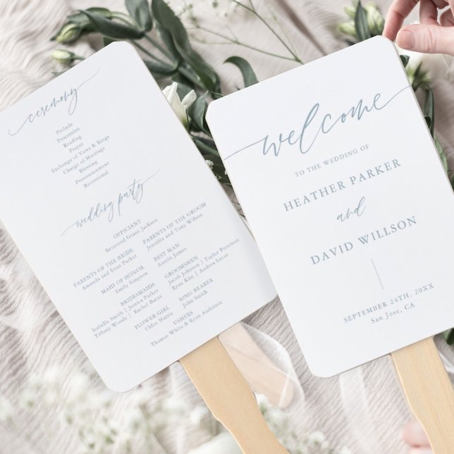 Elegant Dusty Blue Wedding Program Hand Fan (Creator Uploaded)