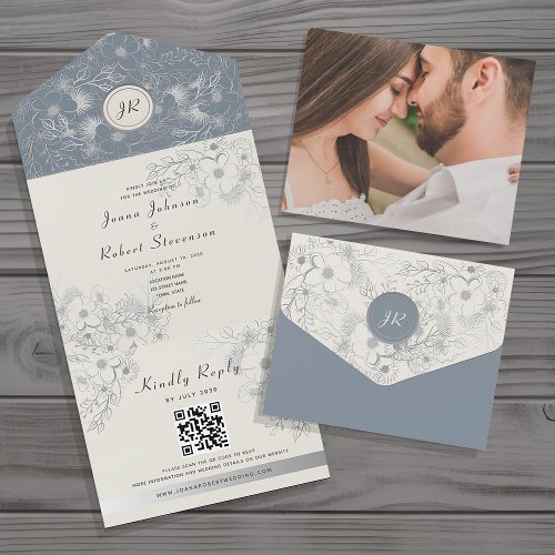 Elegant Dusty Blue Wedding QR Code All In One Invitation