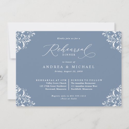 Elegant Dusty Blue Wedding Rehearsal Dinner Invitation