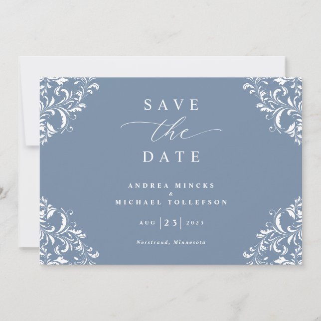 Elegant Dusty Blue Wedding Save the Date Cards (Front)