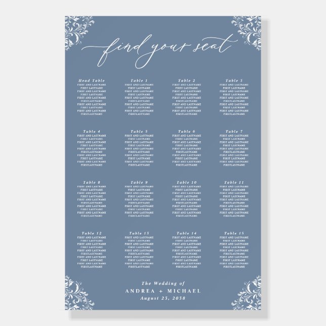 Elegant Dusty Blue Wedding Seating Chart 24x36 Foam Board (Front)