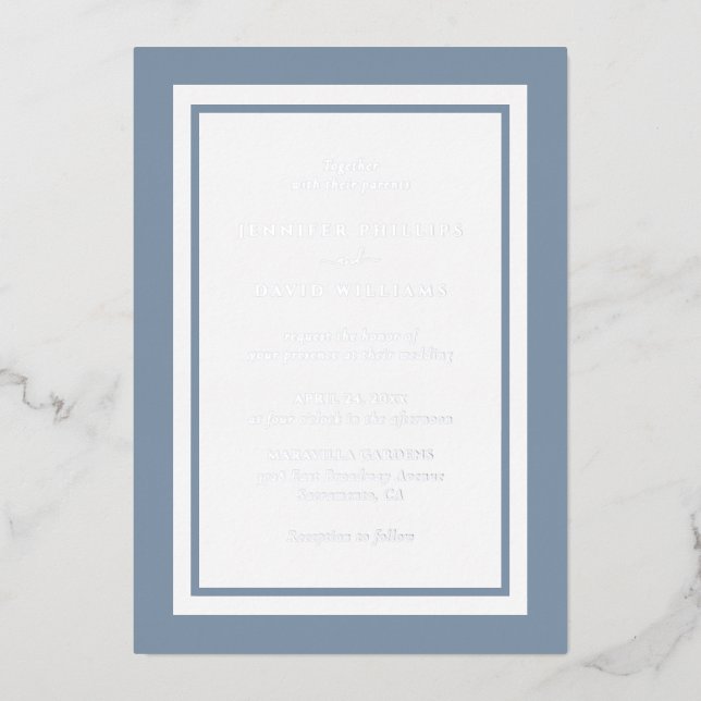 Elegant Dusty Blue Wedding Silver Foil Invitation (Front)