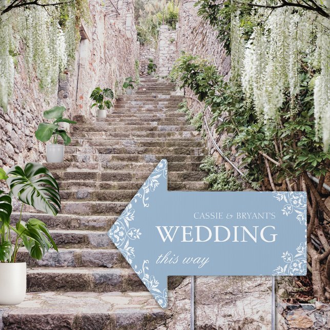 Elegant Dusty Blue Wedding This Way Elegant Arrow Sign (Elegant dusty blue and white wedding arrow sign directional pointing double sided yard sign vintage)