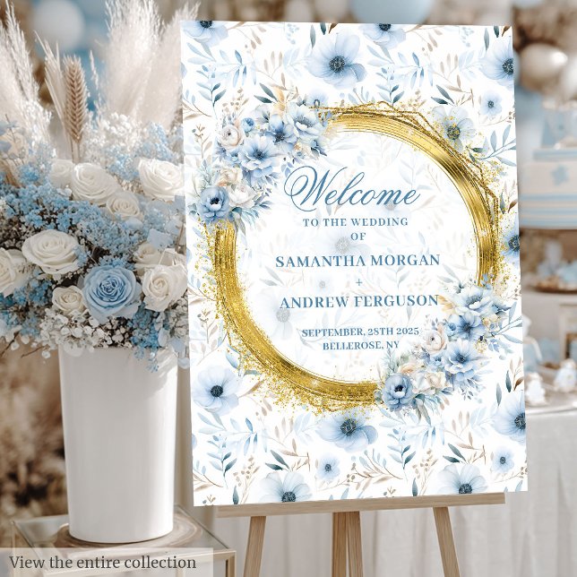 Elegant Dusty Blue Wedding Welcome Sign Gold  (Elegant Dusty Blue Wedding Welcome Sign Gold)