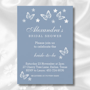 Elegant Dusty Blue White Butterfly Bridal Shower Invitation