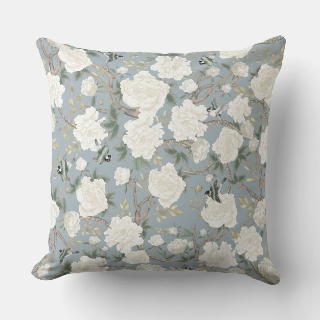 Elegant Dusty Blue White Chinoiserie Flowers Birds Throw Pillow (Front)