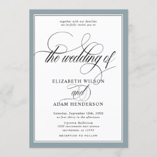 Elegant Dusty Blue & White Classic Wedding Invitation