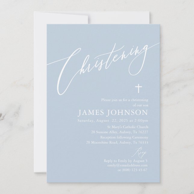 Elegant Dusty Blue White Cross Boy Christening Invitation (Front)