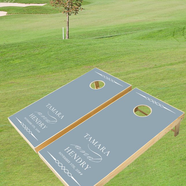 Elegant Dusty Blue White Custom Wedding Monogram Cornhole Set (Creator Uploaded)