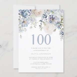 Elegant Dusty Blue & White Floral 100th Birthday Invitation