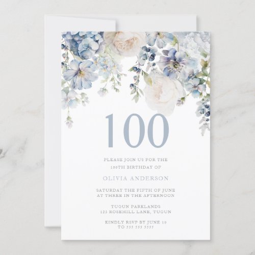 Elegant Dusty Blue  White Floral 100th Birthday Invitation