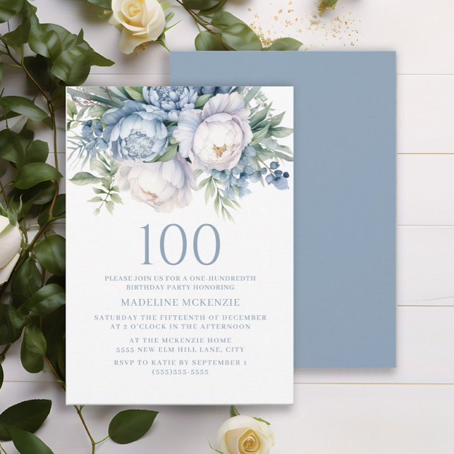 Elegant Dusty Blue White Floral 100th Birthday Invitation (Elegant dusty blue and white watercolor floral 100th birthday party invitation. Printed or digital.)