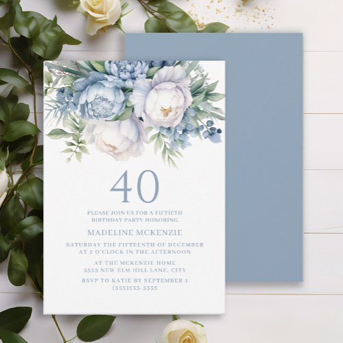 Elegant Dusty Blue White Floral 40th Birthday Invitation
