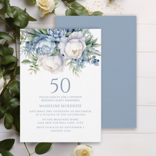 Elegant Dusty Blue White Floral 50th Birthday Invitation