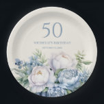 Elegant Dusty Blue White Floral 50th Birthday Name Paper Plates<br><div class="desc">Elegant dusty blue and white floral women's 50th birthday (or any age) party paper plates. Personalized with the name of the guest of honor,  her age,  and her party date.  Contact me for assistance with your customizations or to request additional matching or coordinating Zazzle products for your party.</div>