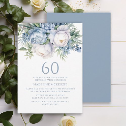 Elegant Dusty Blue White Floral 60th Birthday Invitation